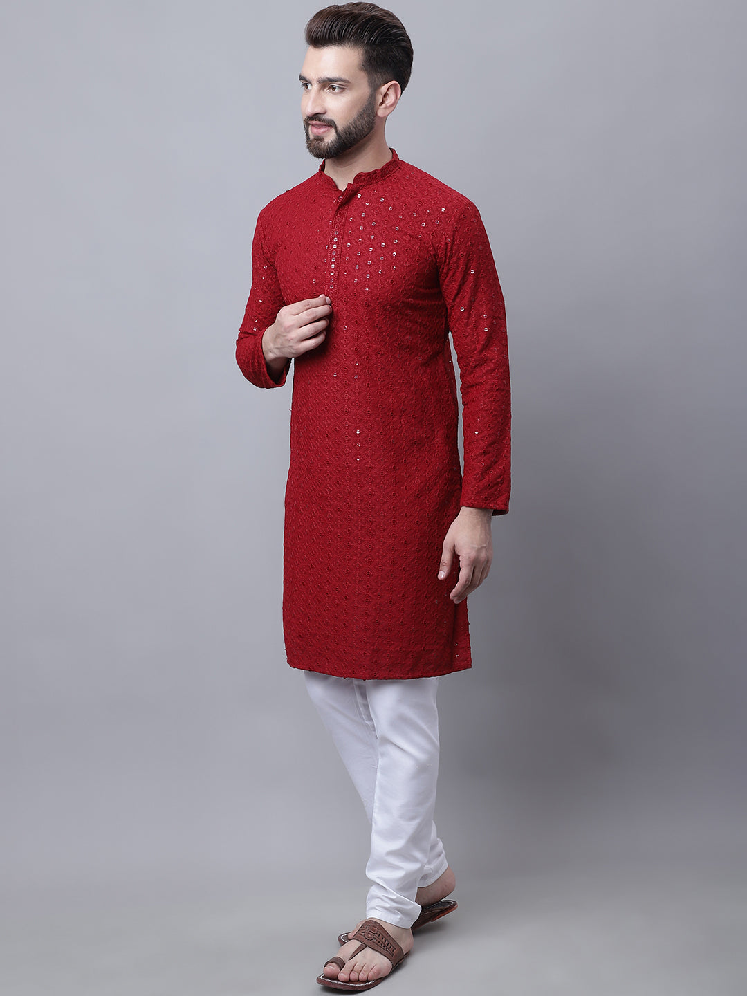 Men's Cotton Maroon Kurta and White Pyjama Cream Nehrujacket Set