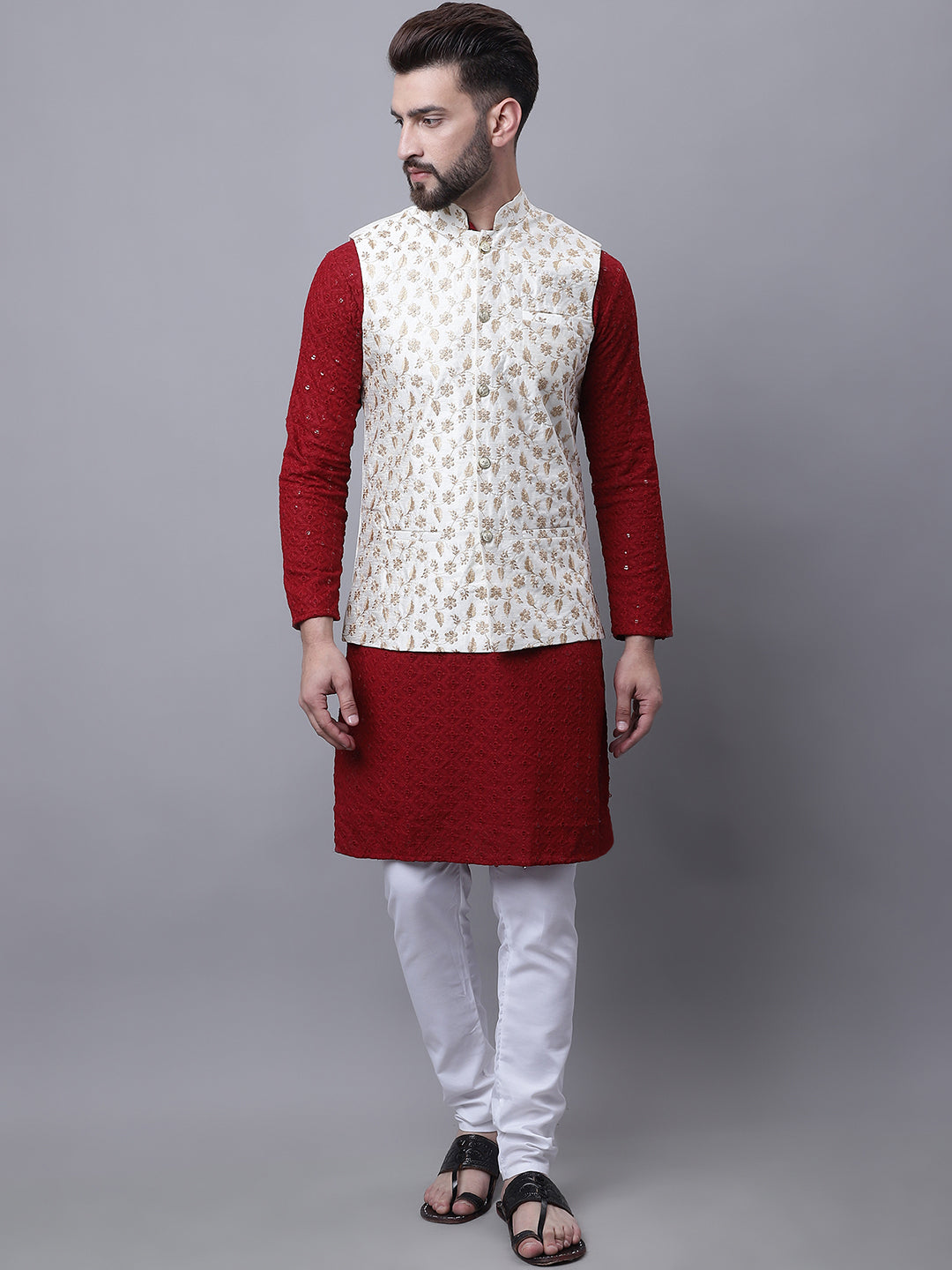 Men's Cotton Maroon Kurta and White Pyjama Cream Nehrujacket Set