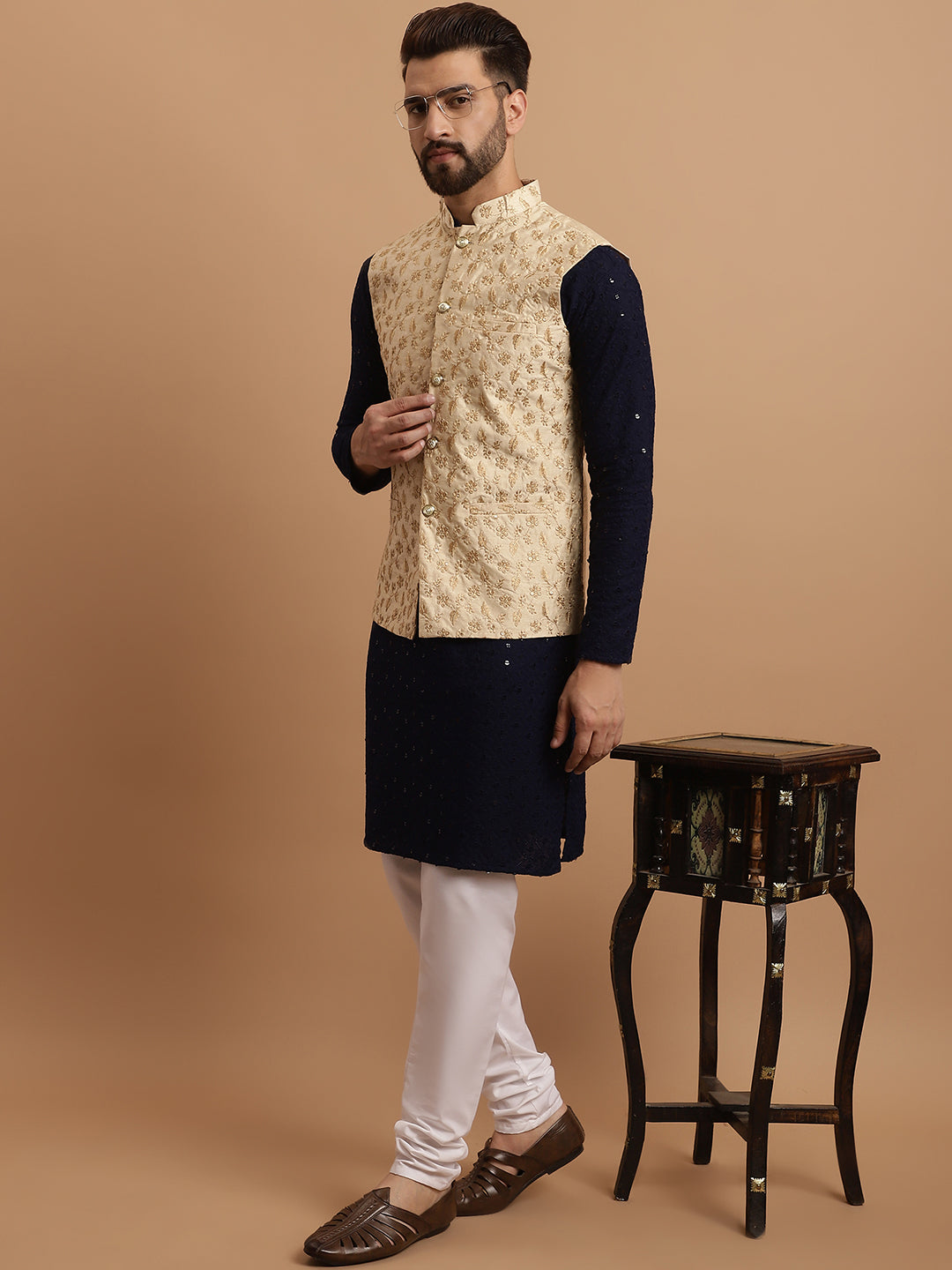 Men's Cotton NavyBlue Kurta and White Pyjama Beige Nehrujacket Set