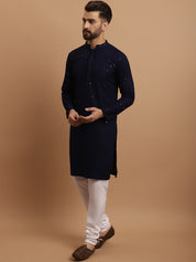 Men's Cotton NavyBlue Kurta and White Pyjama Beige Nehrujacket Set