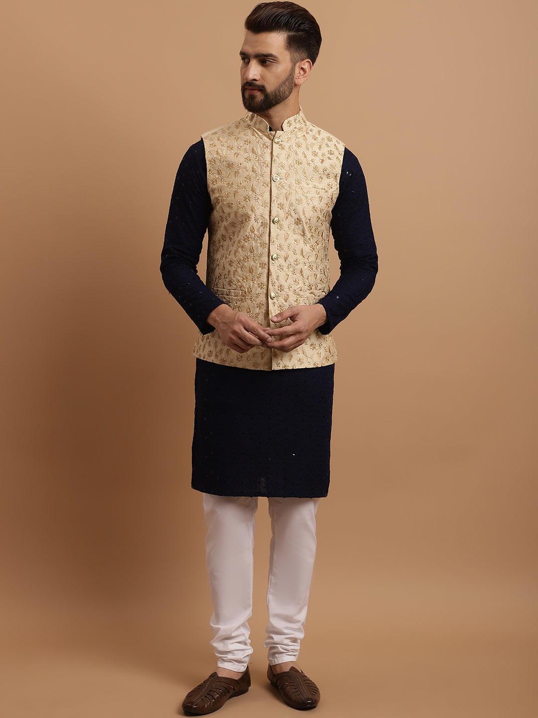 Men's Cotton NavyBlue Kurta and White Pyjama Beige Nehrujacket Set