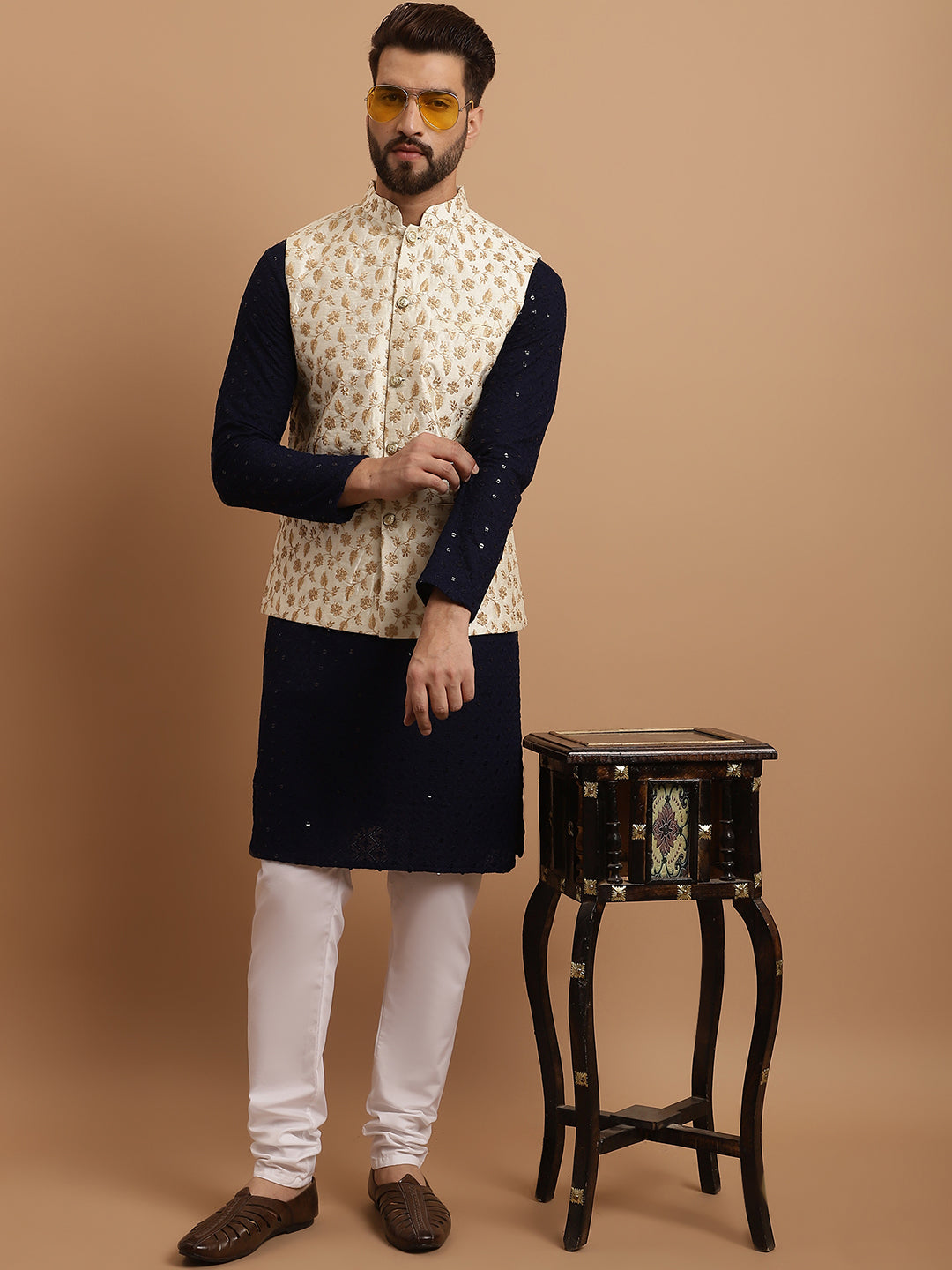 Men's Cotton NavyBlue Kurta and White Pyjama With Cream Nehrujacket Set