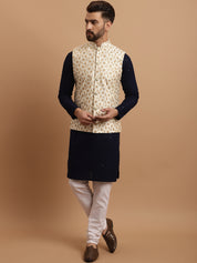 Men's Cotton NavyBlue Kurta and White Pyjama With Cream Nehrujacket Set