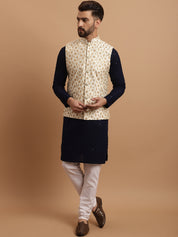 Sojanya Men's Cotton NavyBlue Kurta and White Pyjama With Cream Nehrujacket Set