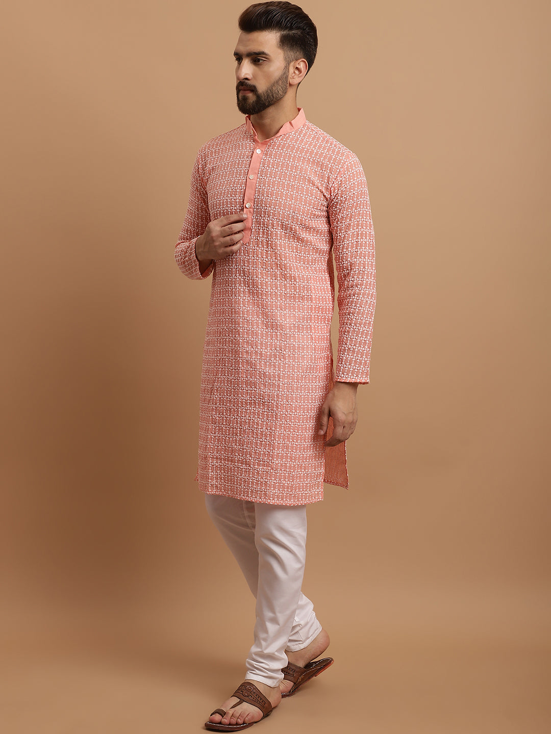 Sojanya Men's Pure Cotton Peach Kurta and White Pyjama With Cream Nehru Jacket Set