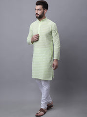 Sojanya Men's Pure Cotton Green Kurta and White Pyjama With Cream Nehru Jacket Set
