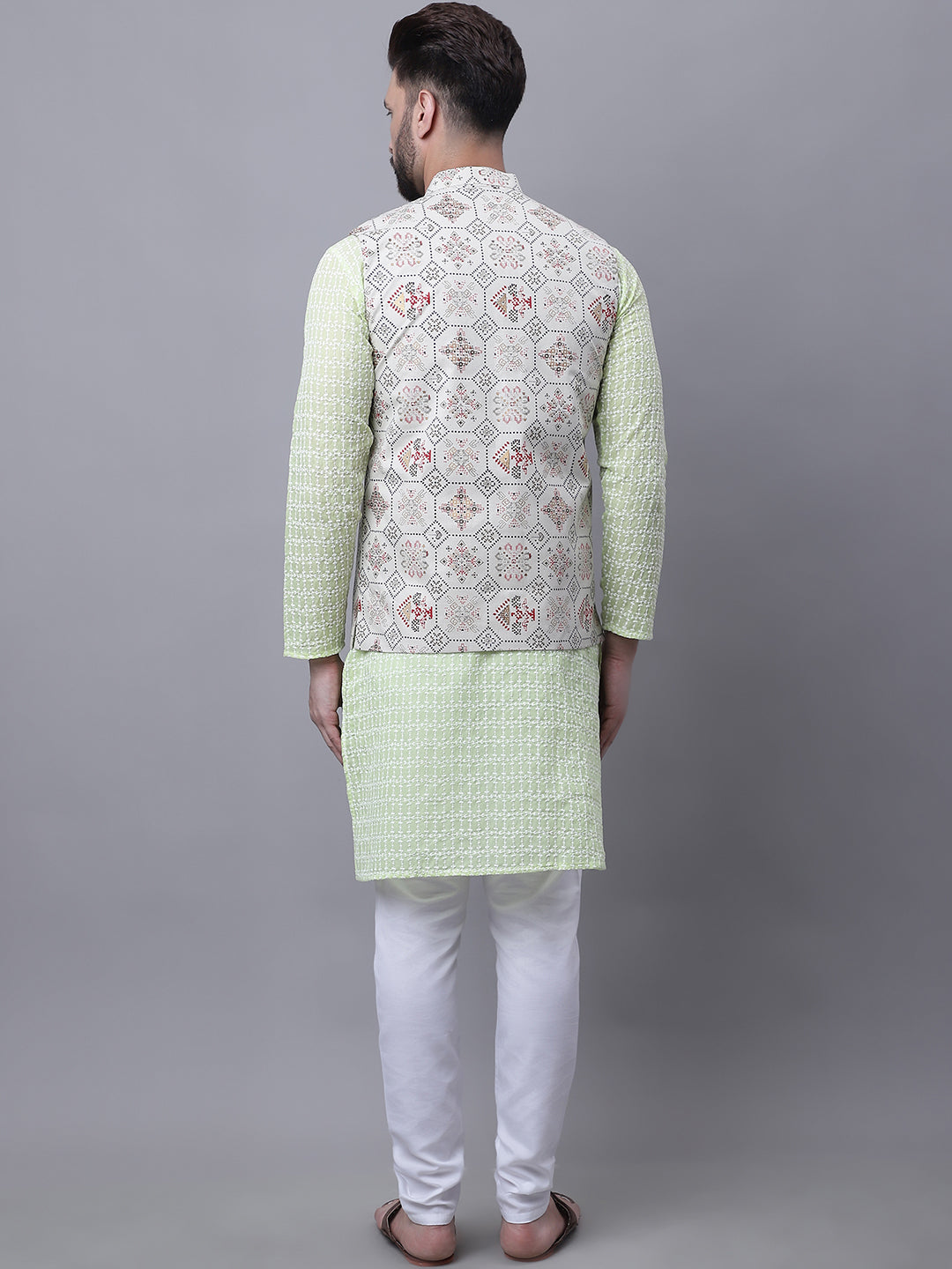 Men's Pure Cotton Green Kurta and White Pyjama With Cream Nehru Jacket Set