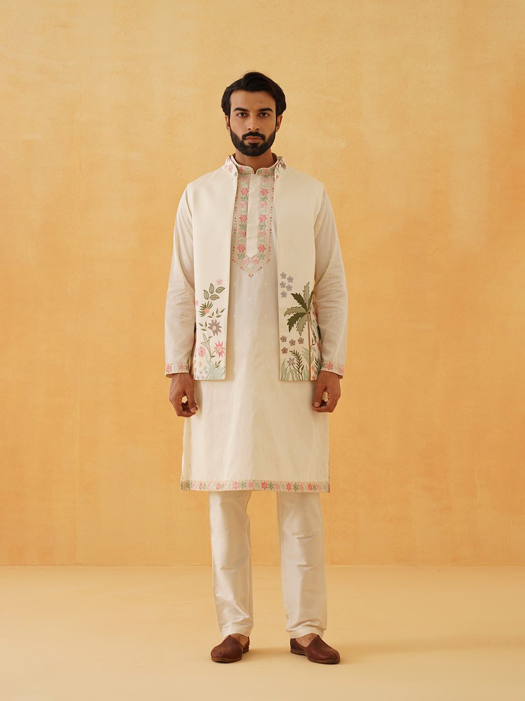 Men's Cotton Silk Cream Kurta Trouser With Floral Embroidered Nehru Jacket