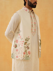 Men's Cotton Silk Cream Kurta Trouser With Floral Embroidered Nehru Jacket