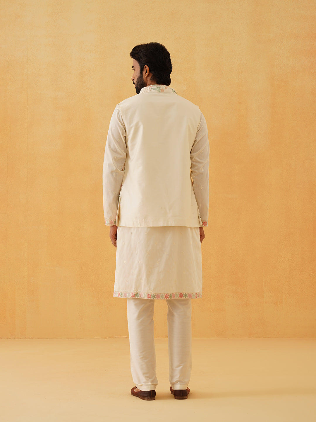 Men's Cotton Silk Cream Kurta Trouser With Floral Embroidered Nehru Jacket