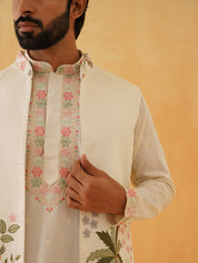 Men's Cotton Silk Cream Kurta Trouser With Floral Embroidered Nehru Jacket