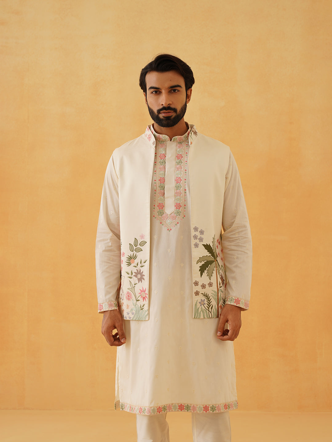 Men's Cotton Silk Cream Kurta Trouser With Floral Embroidered Nehru Jacket