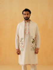 Men's Cotton Silk Cream Kurta Trouser With Floral Embroidered Nehru Jacket