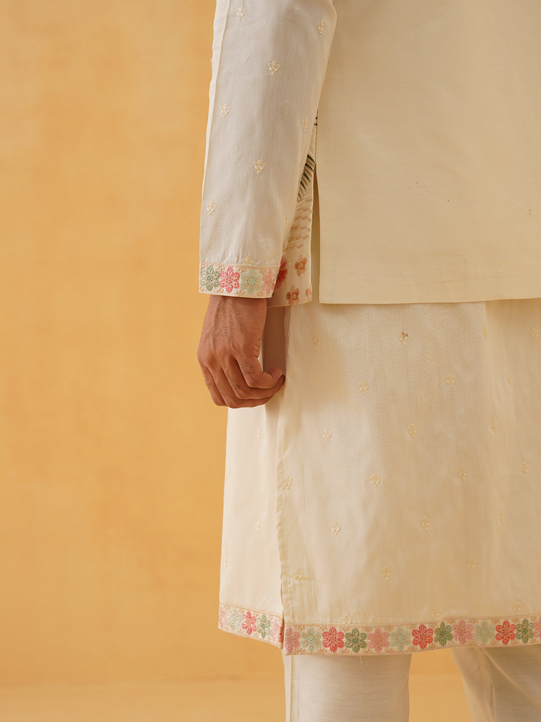 Men's Cotton Silk Cream Kurta Trouser With Floral Embroidered Nehru Jacket