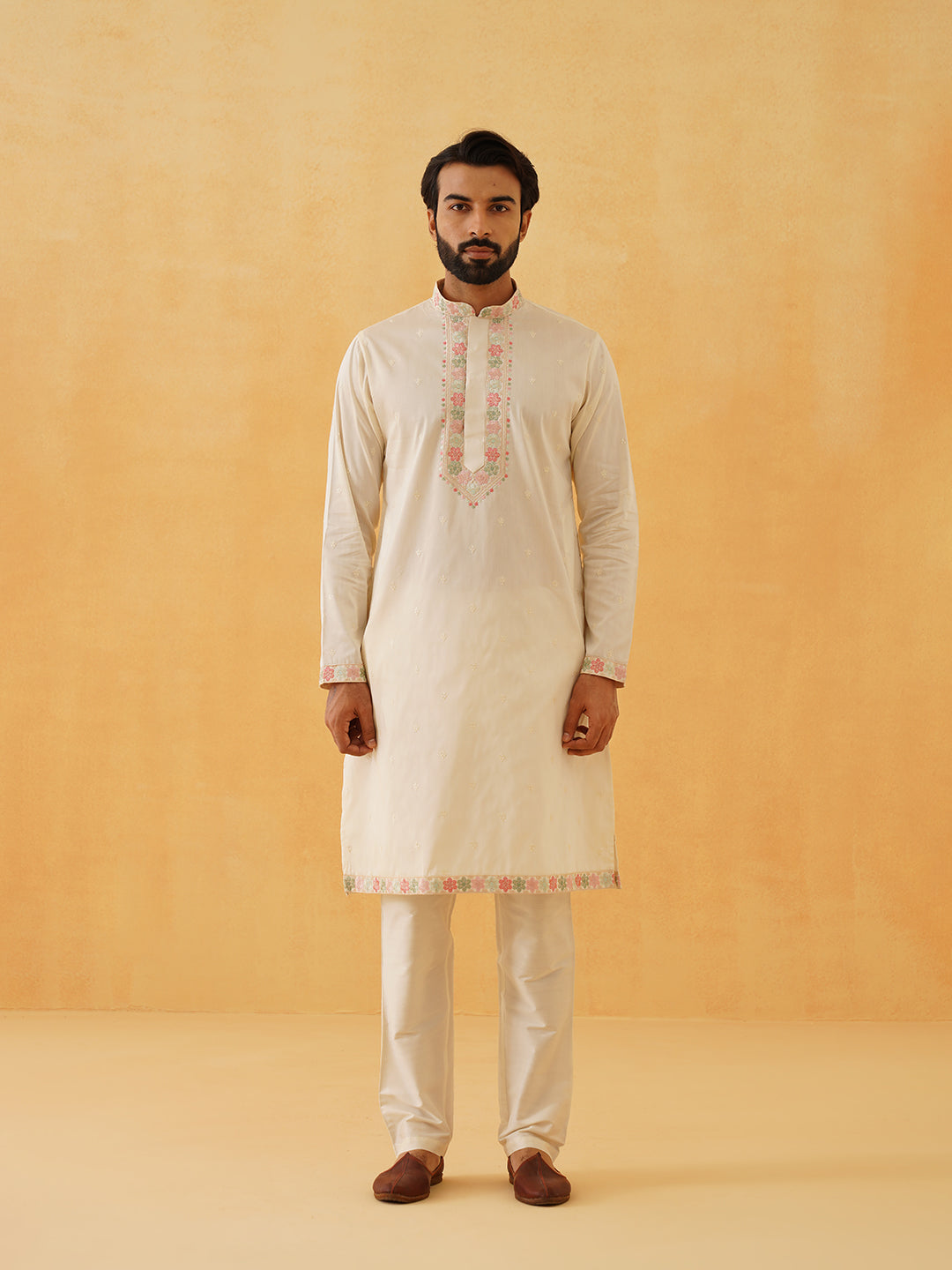 Men's Cotton Silk Cream Kurta Trouser With Floral Embroidered Nehru Jacket