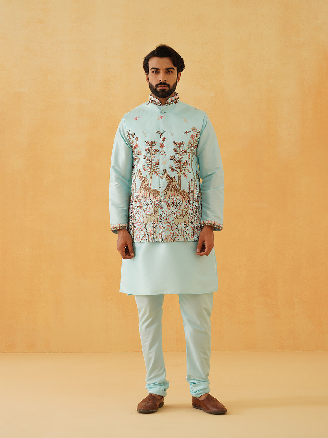 Men's Silk Blend SkyBlue Kurta Pyjama With Pichwai Embroidery Nehru Jacket