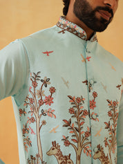 Men's Silk Blend SkyBlue Kurta Pyjama With Pichwai Embroidery Nehru Jacket