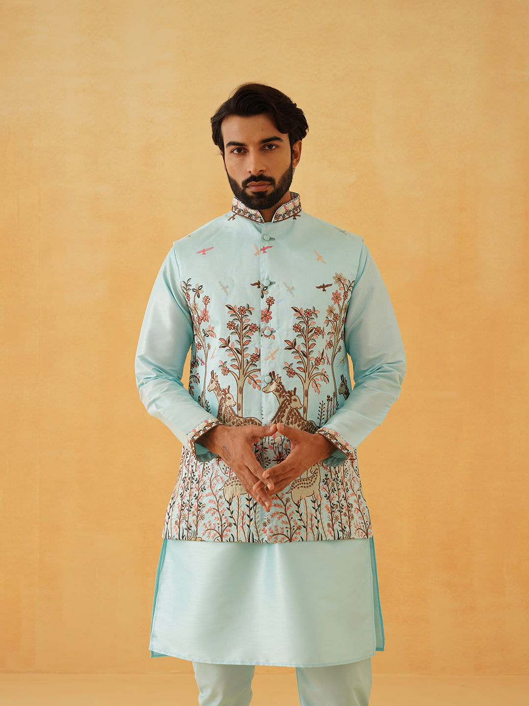 Men's Silk Blend SkyBlue Kurta Pyjama With Pichwai Embroidery Nehru Jacket