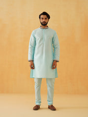 Men's Silk Blend SkyBlue Kurta Pyjama With Pichwai Embroidery Nehru Jacket