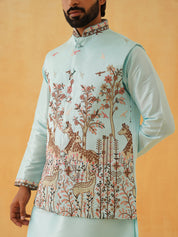 Men's Silk Blend SkyBlue Kurta Pyjama With Pichwai Embroidery Nehru Jacket