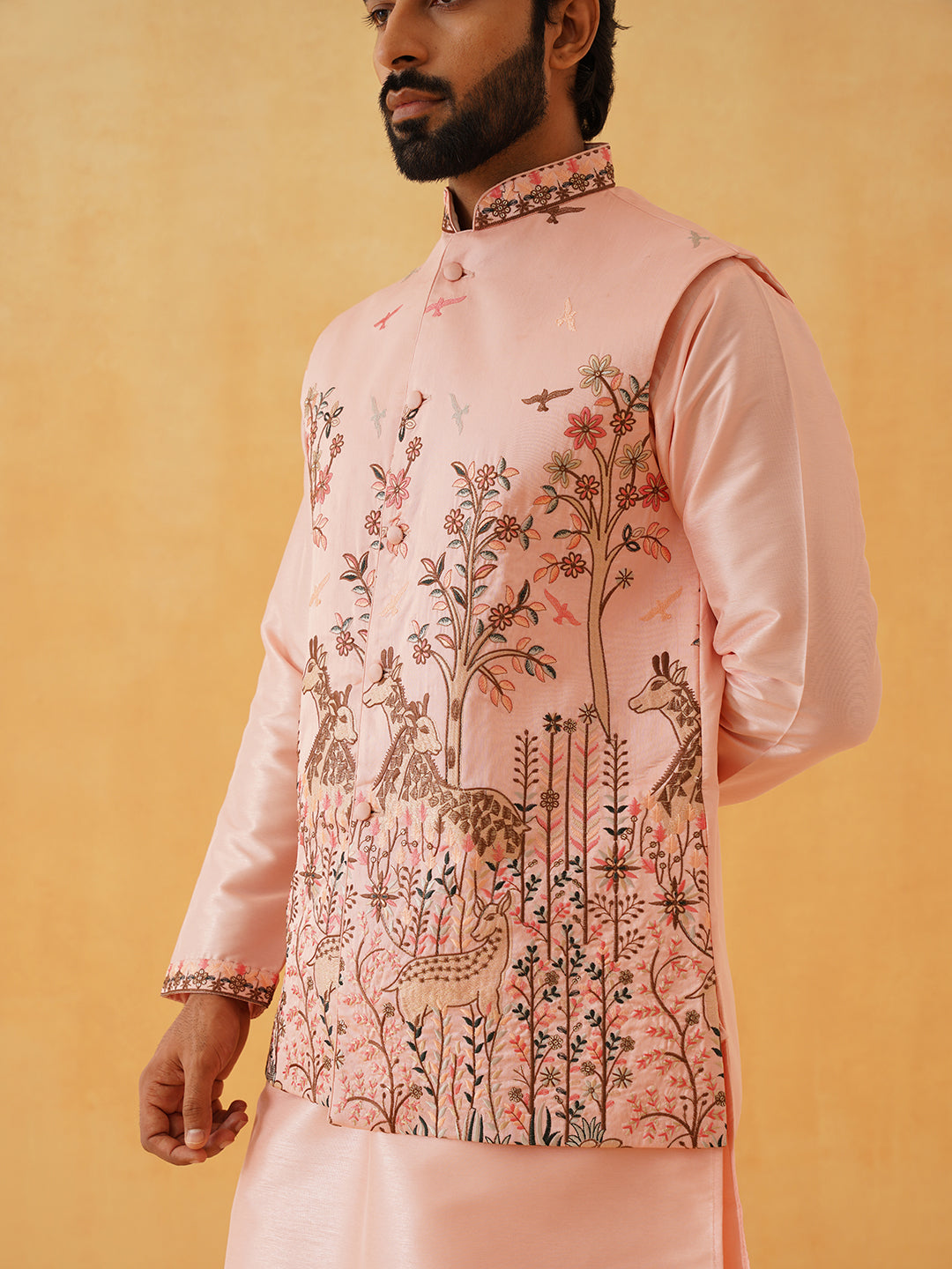 Men's Silk Blend Pink Kurta Churidaar With Pichwai Embroidery Nehru Jacket