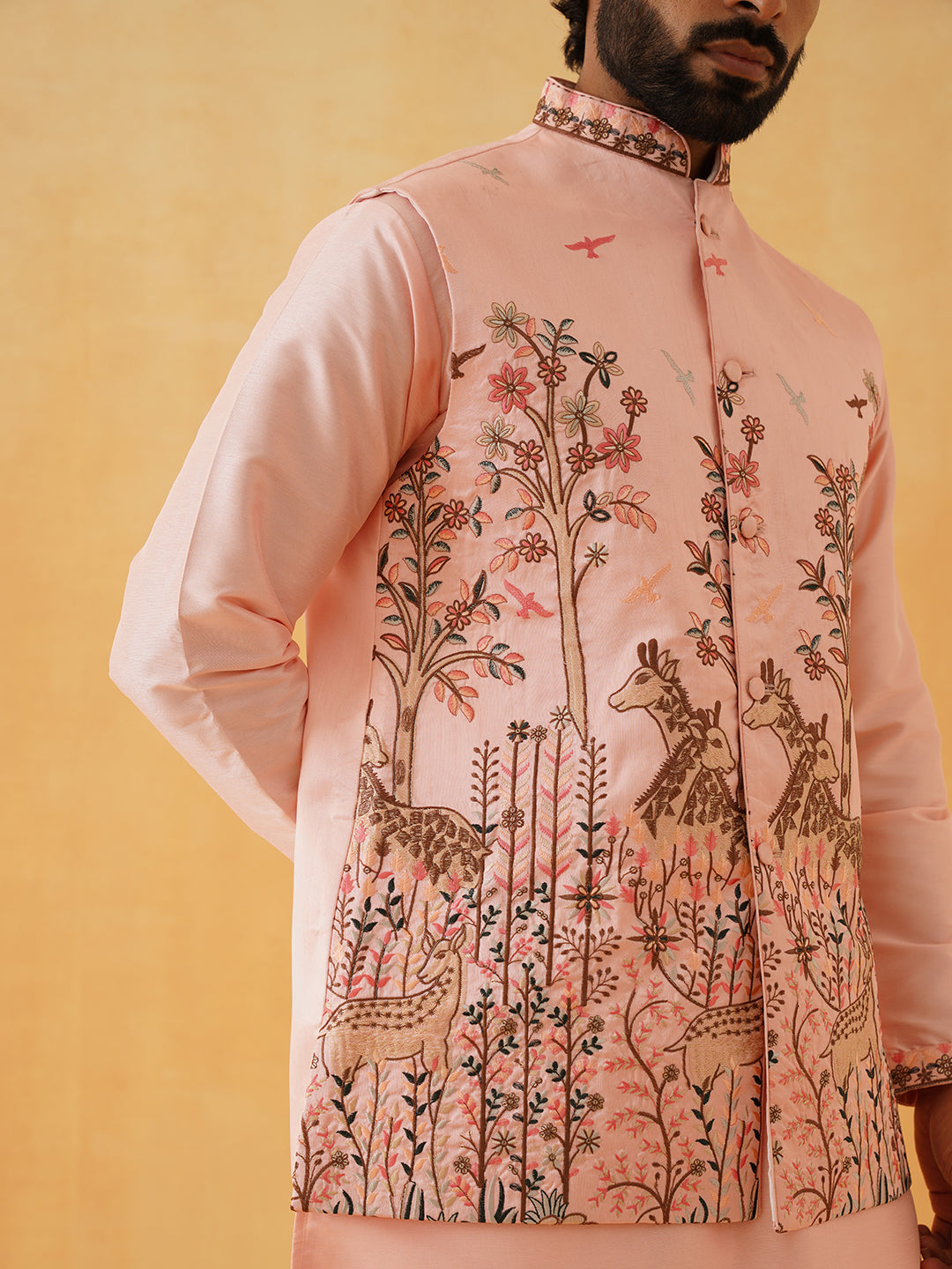 Men's Silk Blend Pink Kurta Churidaar With Pichwai Embroidery Nehru Jacket