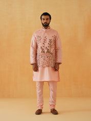 Men's Silk Blend Pink Kurta Churidaar With Pichwai Embroidery Nehru Jacket