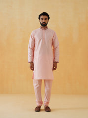 Men's Silk Blend Pink Kurta Churidaar With Pichwai Embroidery Nehru Jacket