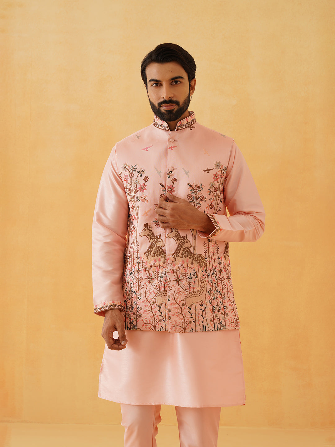 Men's Silk Blend Pink Kurta Churidaar With Pichwai Embroidery Nehru Jacket