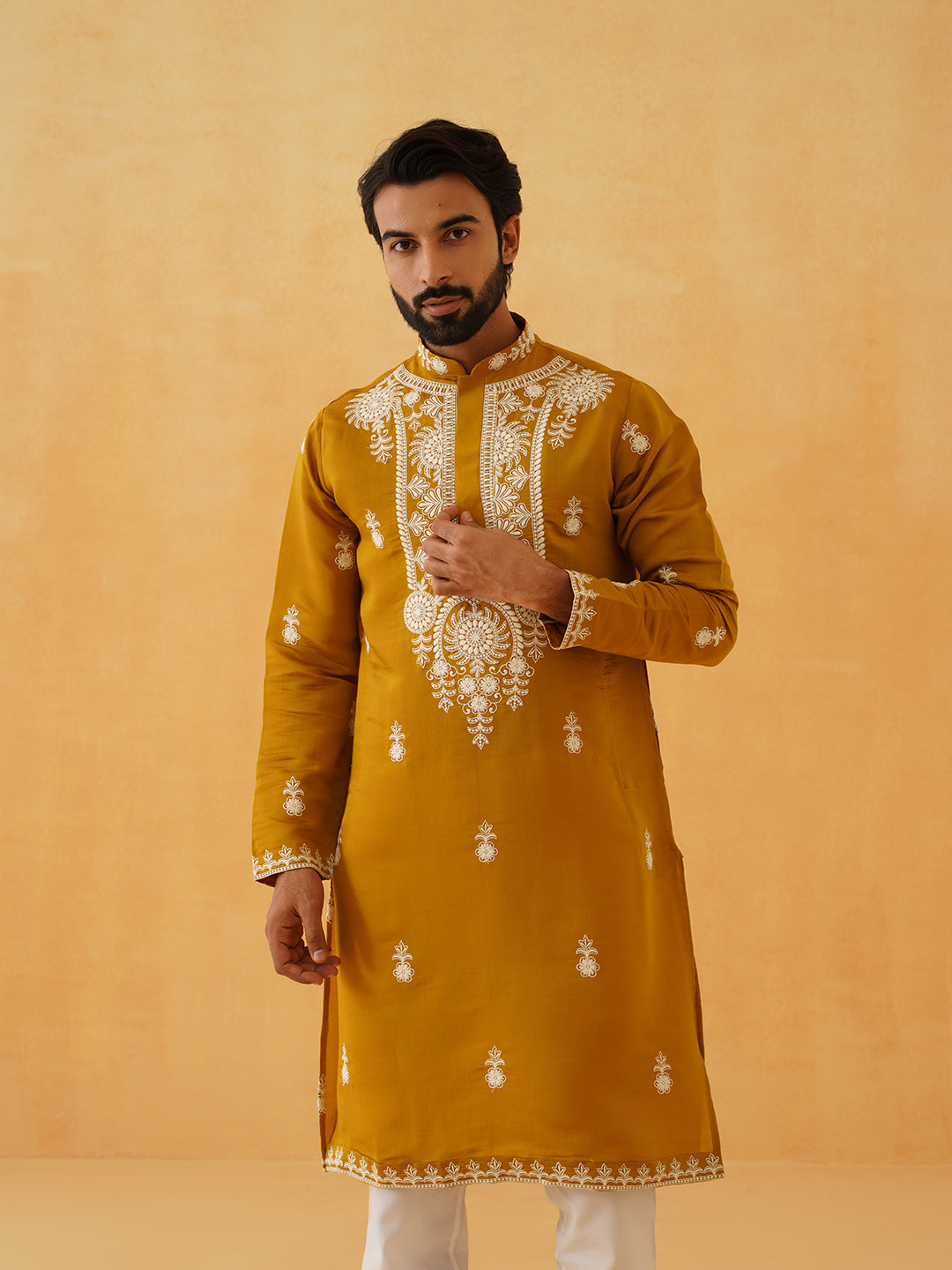 Men's Cotton Neck Embroidered Mustard Long Kurta