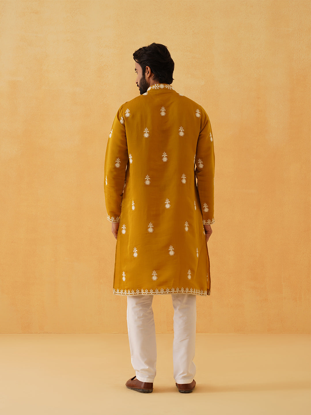 Men's Cotton Neck Embroidered Mustard Long Kurta