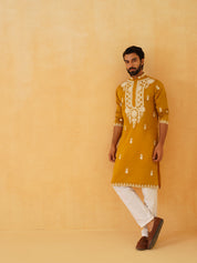 Men's Cotton Neck Embroidered Mustard Kurta with White Trouser Pant