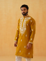 Men's Cotton Neck Embroidered Mustard Kurta with White Trouser Pant