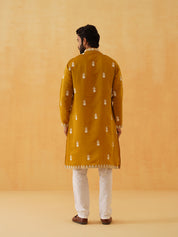 Men's Cotton Neck Embroidered Mustard Kurta with White Trouser Pant