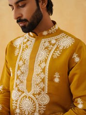 Men's Cotton Neck Embroidered Mustard Kurta with White Trouser Pant