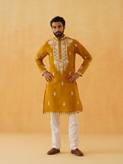 Men's Cotton Neck Embroidered Mustard Kurta with White Trouser Pant