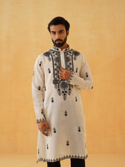 Men's Cotton Neck Embroidered Cream Long Kurta