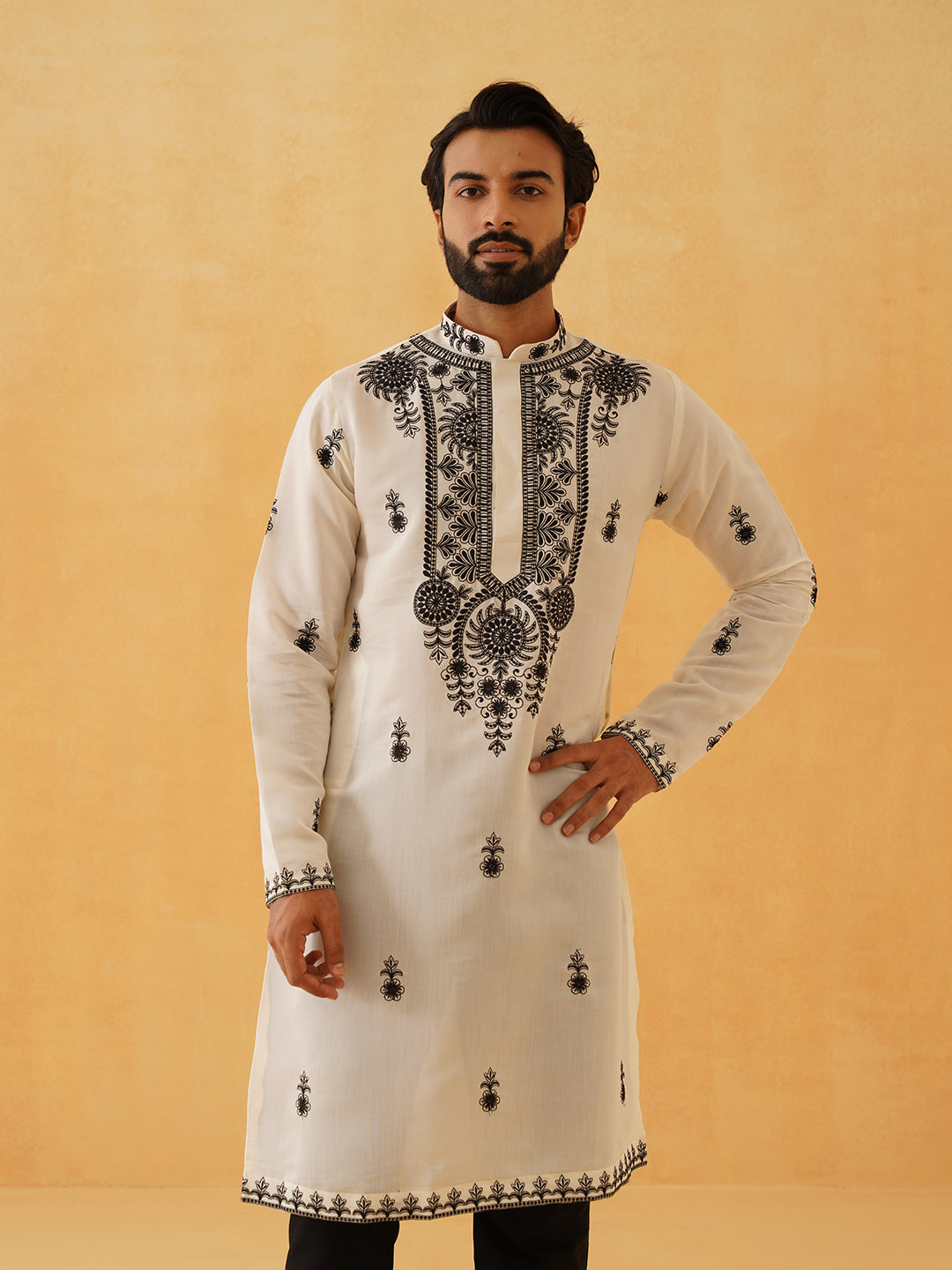 Men's Cotton Neck Embroidered Cream Long Kurta