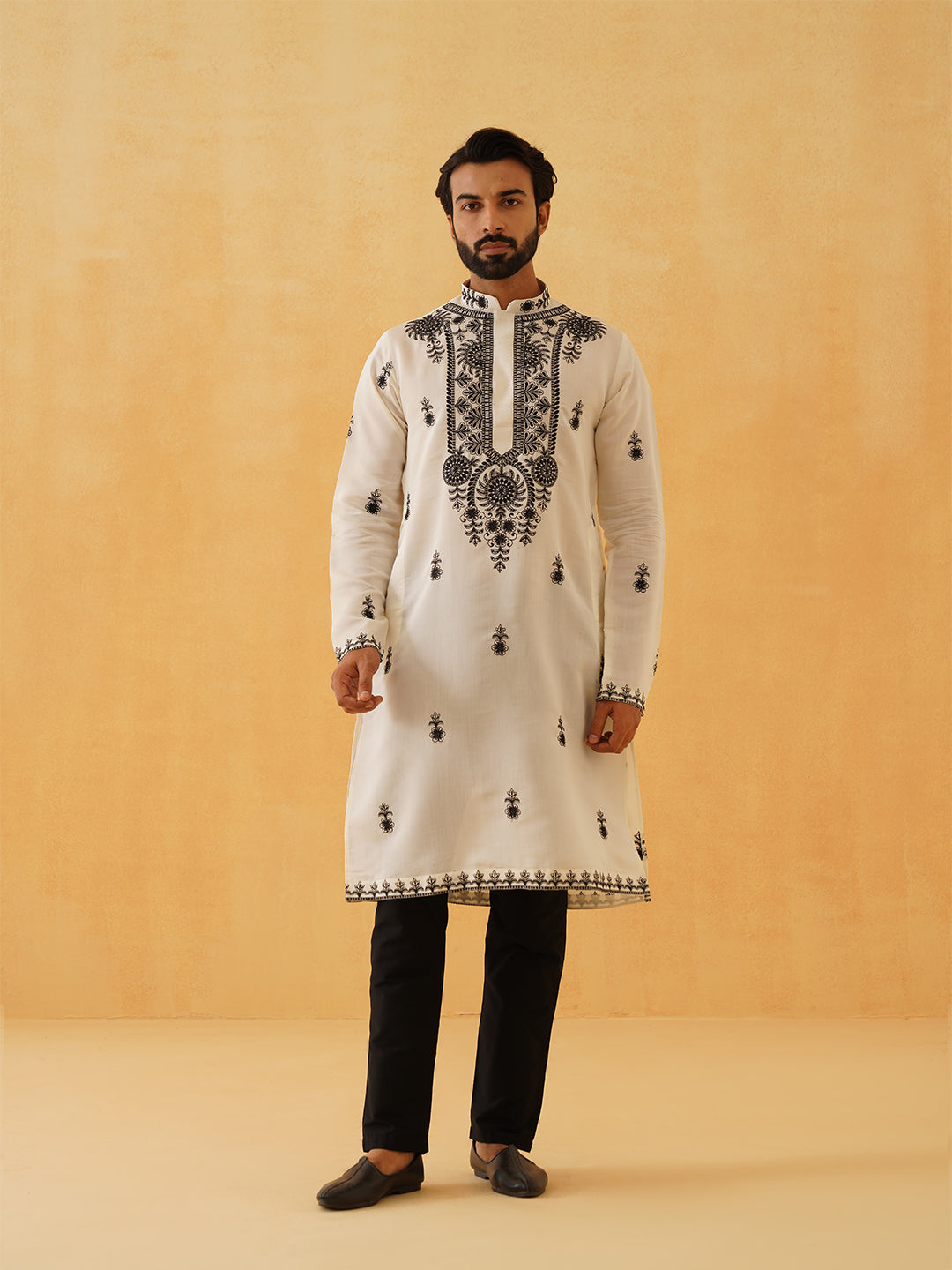 Men's Cotton Neck Embroidered Cream Long Kurta