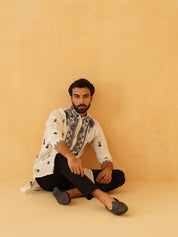 Men's Cotton Neck Embroidered Cream Kurta with Black Trouser Pant