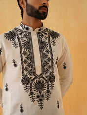 Men's Cotton Neck Embroidered Cream Kurta with Black Trouser Pant