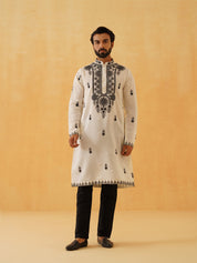 Men's Cotton Neck Embroidered Cream Kurta with Black Trouser Pant