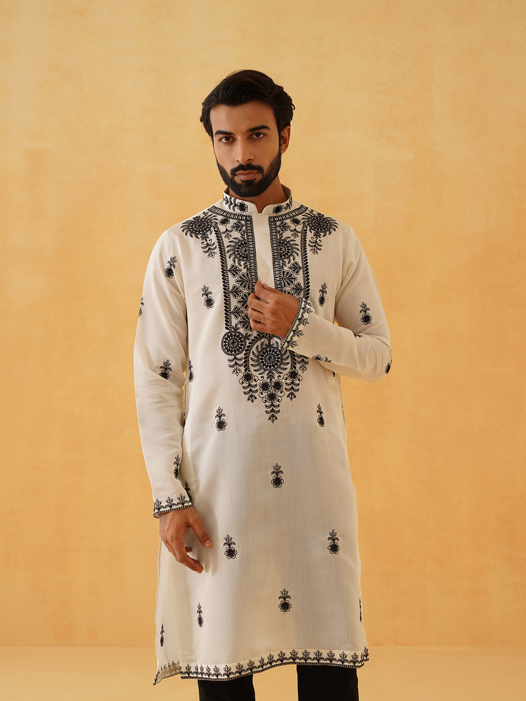 Men's Cotton Neck Embroidered Cream Kurta with Black Trouser Pant