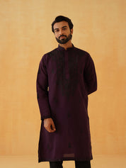 Men's Cotton Neck Embroidered Wine Long Kurta