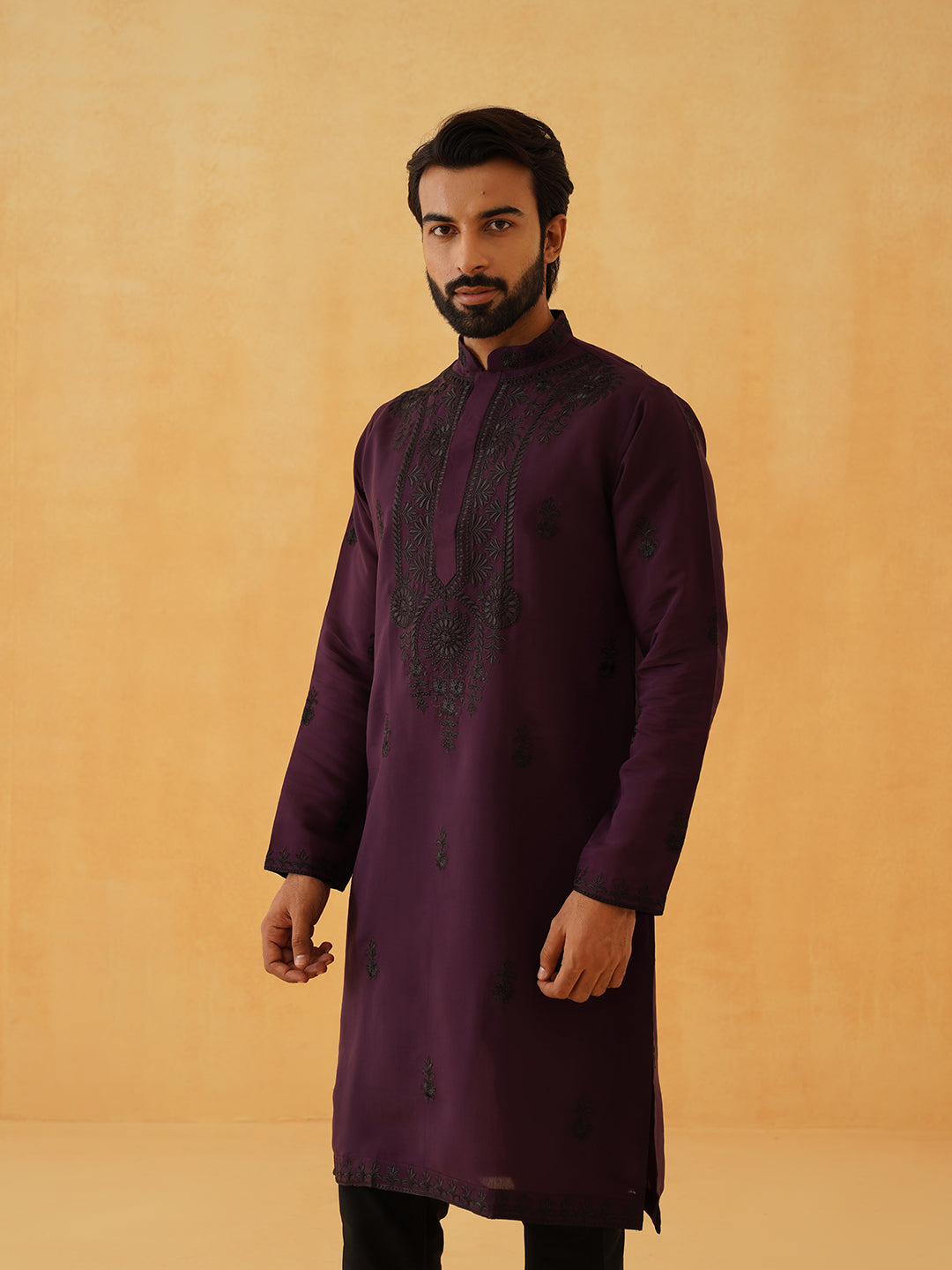 Men's Cotton Neck Embroidered Wine Long Kurta