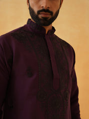 Men's Cotton Neck Embroidered Wine Long Kurta