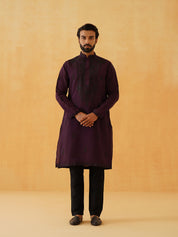 Men's Cotton Neck Embroidered Wine Long Kurta