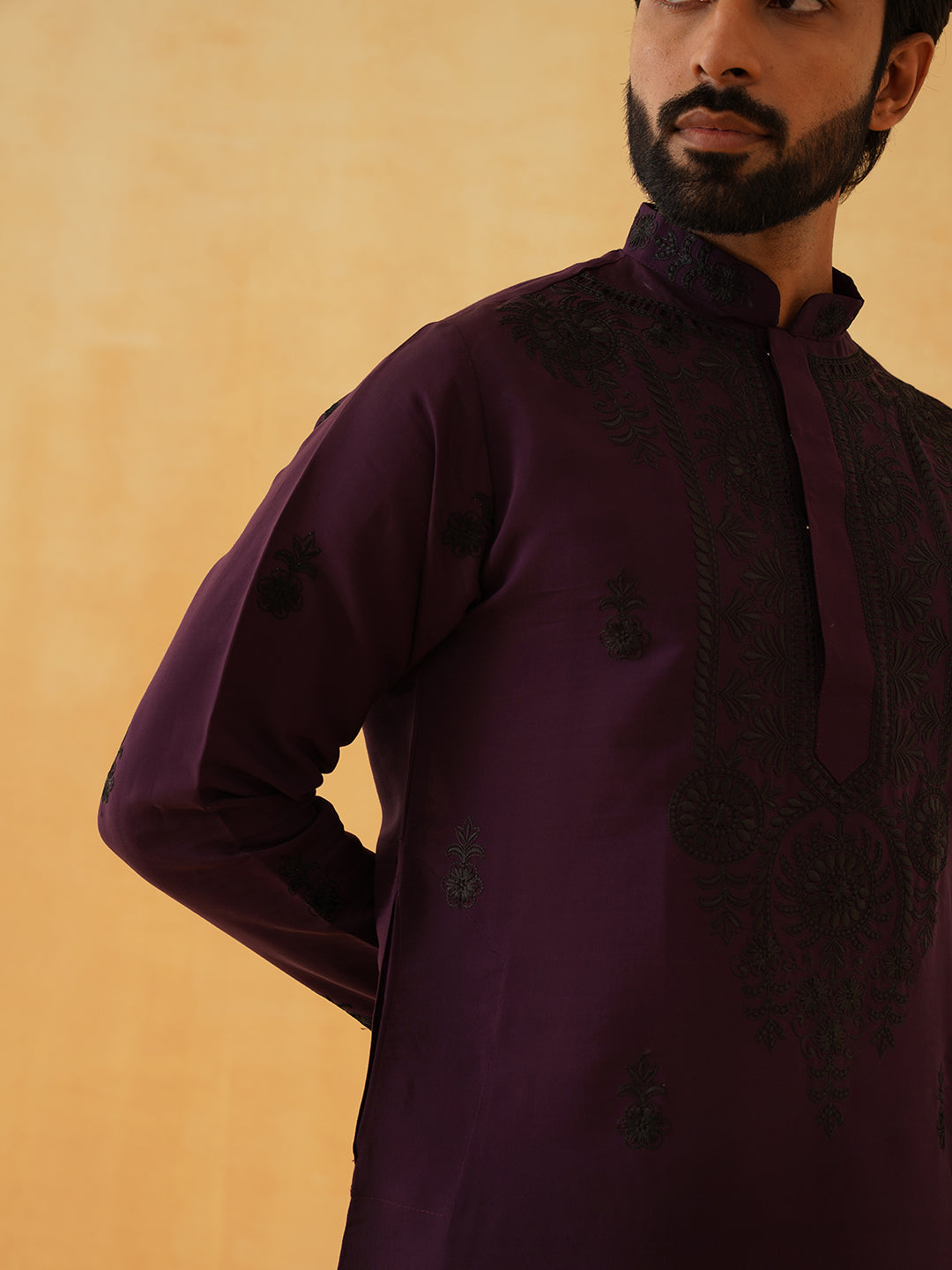 Men's Cotton Neck Embroidered Wine Long Kurta