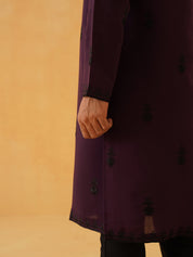 Men's Cotton Neck Embroidered Wine Kurta with Black Trouser Pant