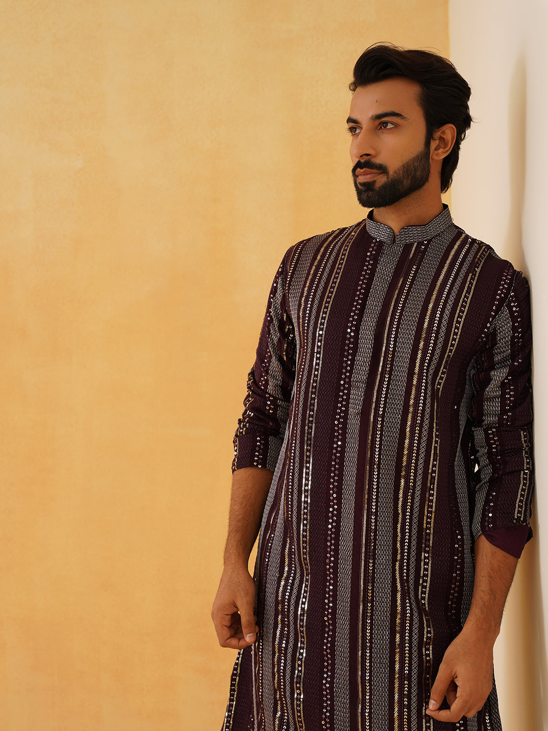 Men's Georgette sequinned embroidered Wine Long Kurta